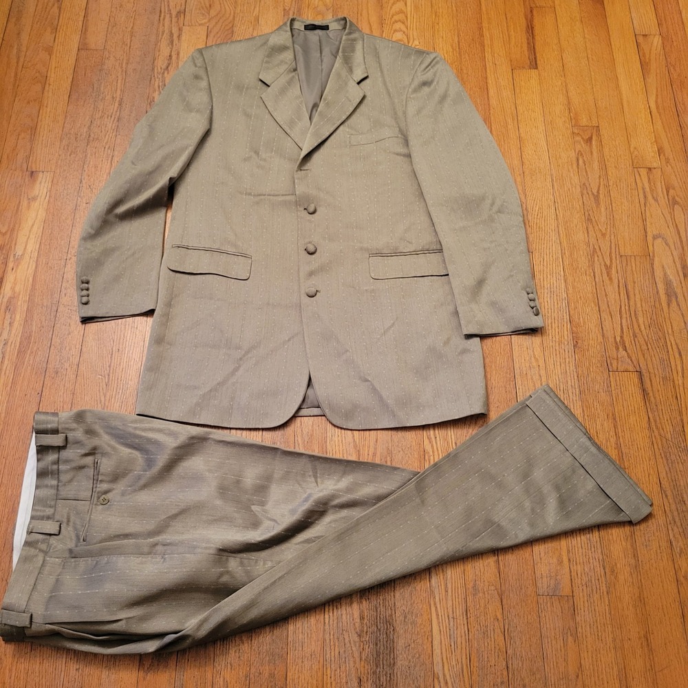 Falcone 44/38L 2pc Suit Beige Blazer Pants Flashy Shiny Mob Boss Retro Pleated